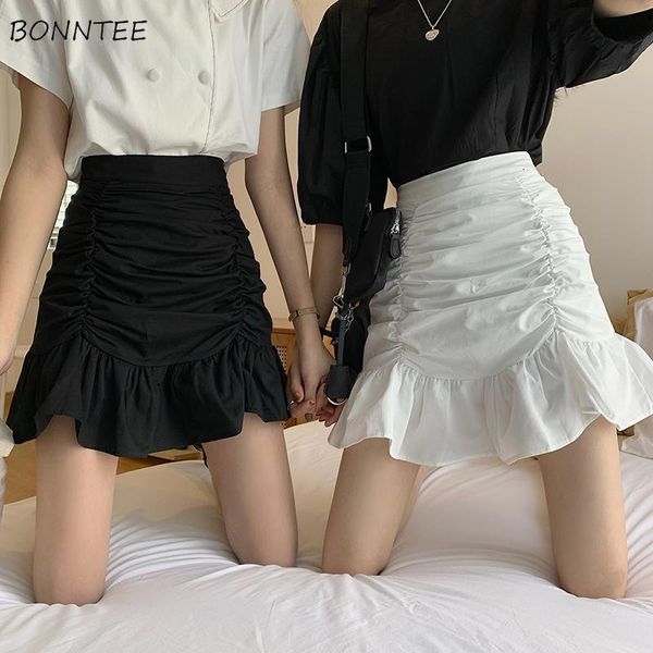 

skirts women solid a-line summer mini hem ruffles ulzzang chic ruched all-match high waist selling lovely girls elegant 230427, Black