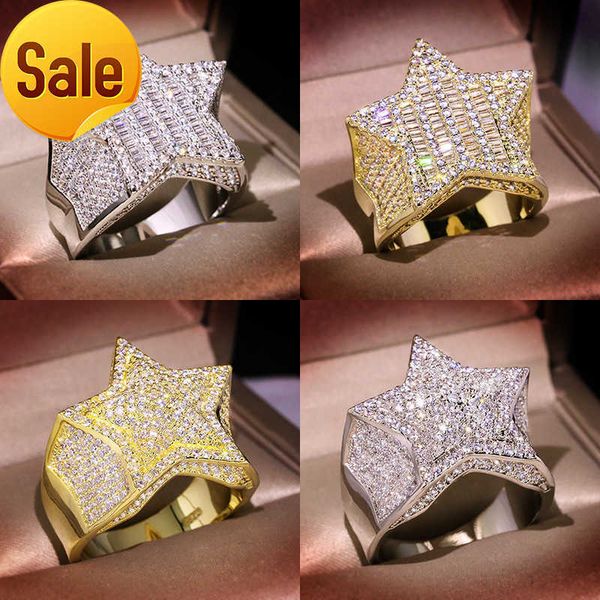 

mens gold ring stones five-pointed star fashion hip hop silver rings jewelry