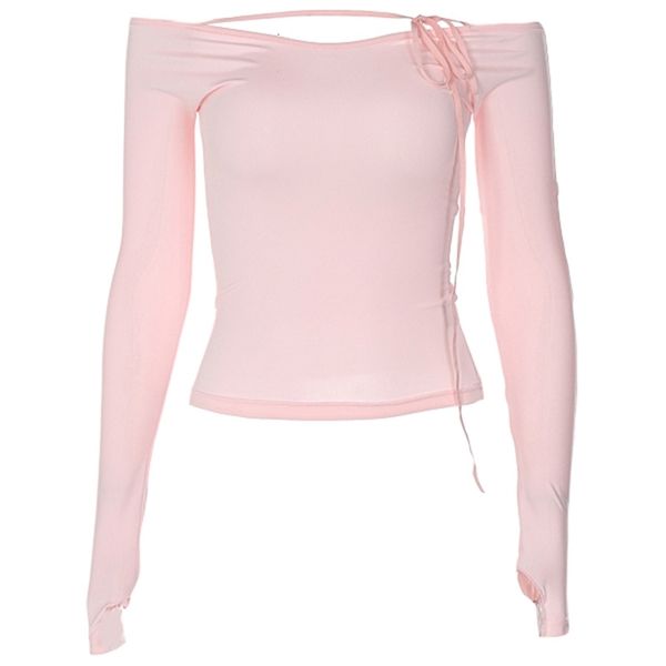

women's t shirt dour y atasan crop ramping musim semi gugur wanita kaus balutan bahu terbuka lengan panjang warna polos l230427, White