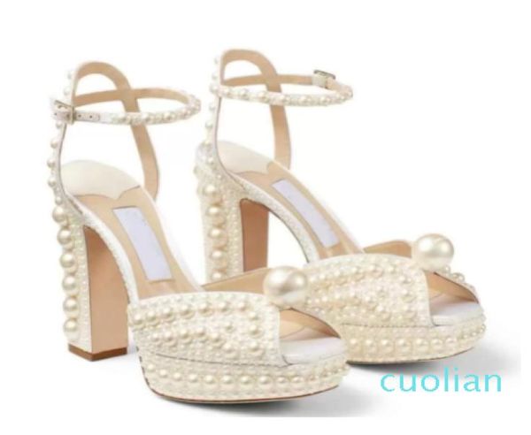 

summer sacaria dress wedding shoes pearlembellished satin platform sandals elegant women white bride pearls high heels ladies pum4358245, Black