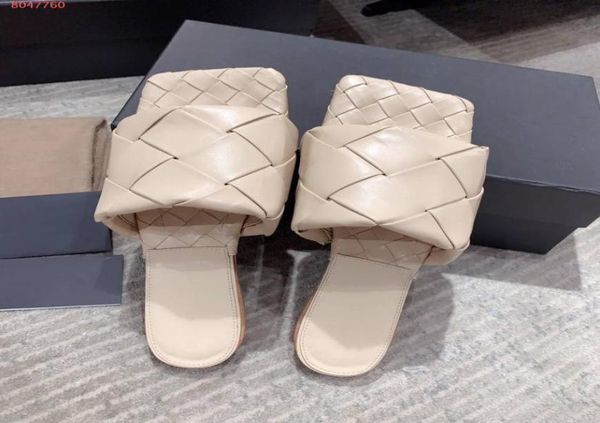 

lastest wide sandals fashion woven nappa leather squared toe slipprs ladies summer outdoor beach causal lid flat sandals with box5344274, Black