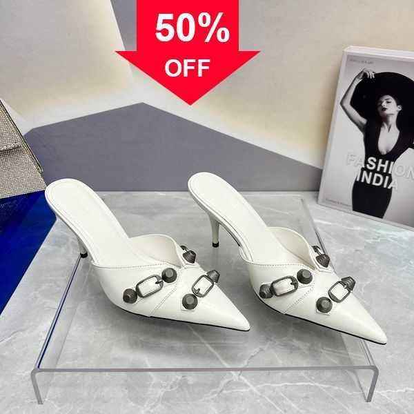 

studded slippers mule women's slide high-heeled shoes pointed toe stiletto heel 90mm thick block slip sleeve open-toe luxury designers7, Black