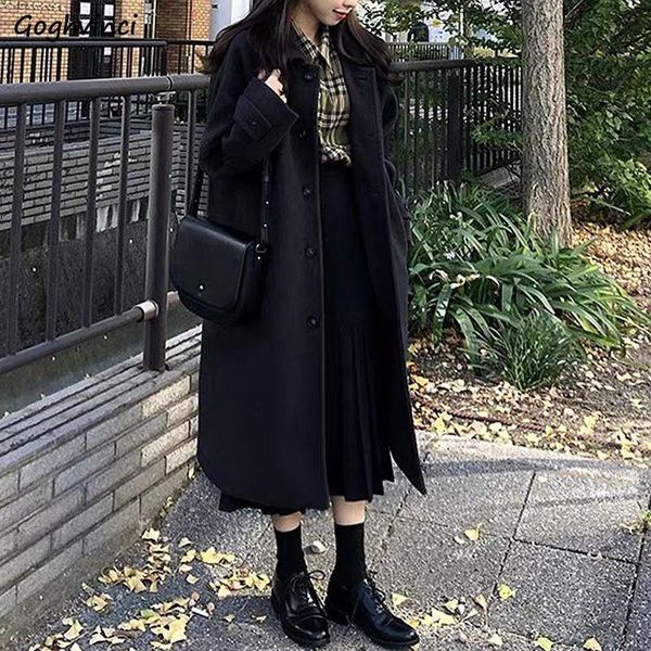 

fur womens wool single breasted long sleeve thicken simple korean style elegant lady chic fashion casual allmatch students warm ins, Black