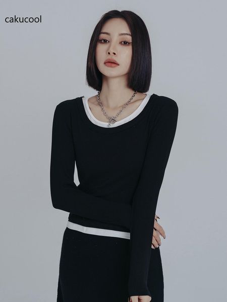 

polos cakucool personality tailoring basic ladies korean slim short fake twopiece single wear bottom tshirt comfortable cotton, White