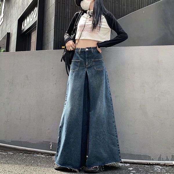 

women's jeans oversized vintage high waist street loose frayed wide leg fashion korean casual solid color straight trousers 230427, Blue