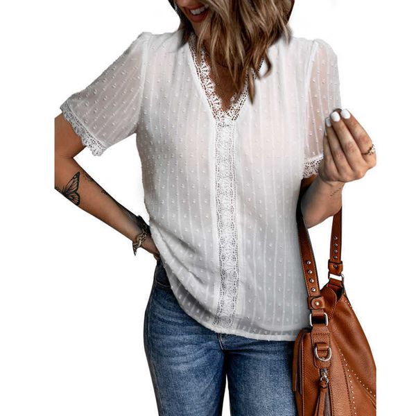 

jacquard chiffon shiying shirt for women's 2023 summer new fashion solid color lace panel top, White