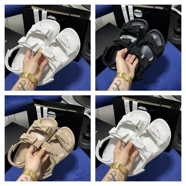 

2023 chan c bowknot dad sandal black white suede leather beach sandals designer womens slipper slides hook & loop summer casual shoes loafer