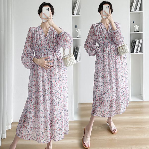 

maternity dresses 2301# spring korean fashion floral printed chiffon maternity long dress elegant a line across v neck pregnancy clothing 23, White