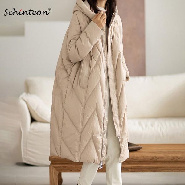 

parkas schinteon women 90% white duck down long jacket with hood casual loose over size winter warm outwear 2022 new, Black