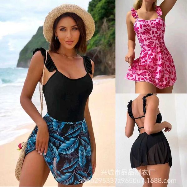 

women's 2023 swimsuit triangle one piece backless solid color dress two-piece set