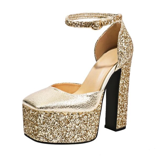 

luxury sandals women designers 2023 summer new square toe bling shiny shoes for women big size 43 platform shoes mary janes, Black