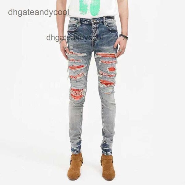 

hole 2023 jeans designer jean mens pant fashion brand blue cow washing water worn contrast patchwork slim fitting jeans men's high stre