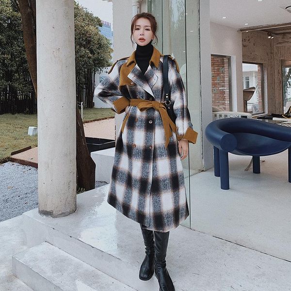 

fur plaid woolen women's coat long section 2021 new winter korean style retro contrast color temperament fashion loose jacket female, Black