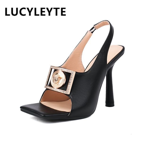 

sandals women's summer fashion high-heeled nightclub sandals european and american metal decorative square head fish mouth shoes 230427, Black