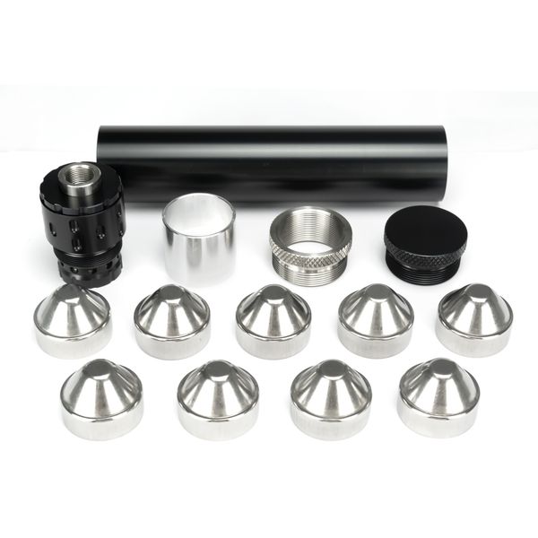 

1.45"od 7"l aluminum tube fuel filter with 1/2x28 5/8x24 end cap solvent trap and 1-3/16x24 stainless steel piston booster