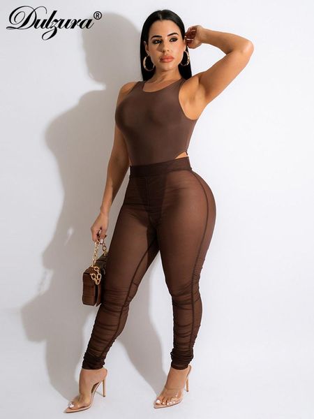 

pants dulzura 2023 summer women 2 piece set sleeveless bodysuit with high waist mesh stacked leggings co ords suit matching outfits, White