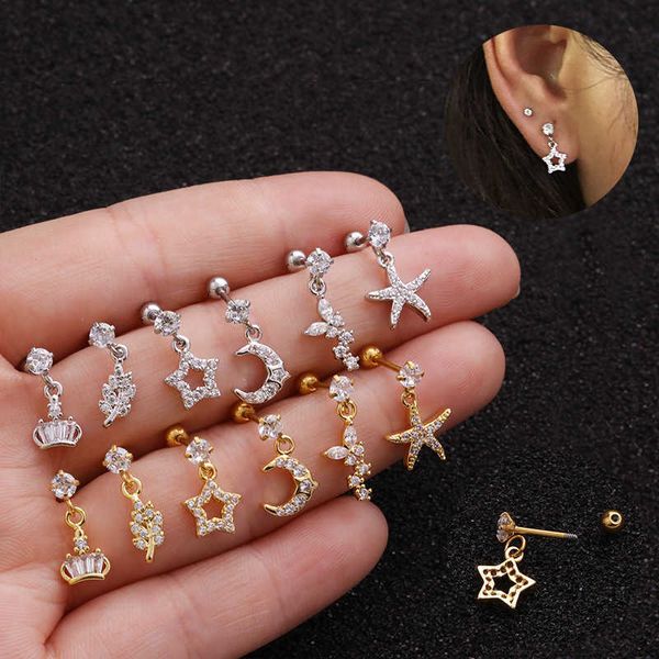 

new stainless steel screw earrings stud with iced out cubic zirconia pentagram pendant earbone nail puncture jewelry ear bone nail for girls, Golden;silver