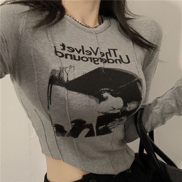 

women's tshirt graphic print cropped 90s vintage women long sleeve skinny tshirt y2k female autumn basice tees harajuku streetwear 230, White