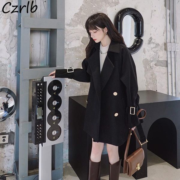 

fur black blends women double breasted allmatch thick winter casual elegant ladies temperament with sashes vintage outwears femme