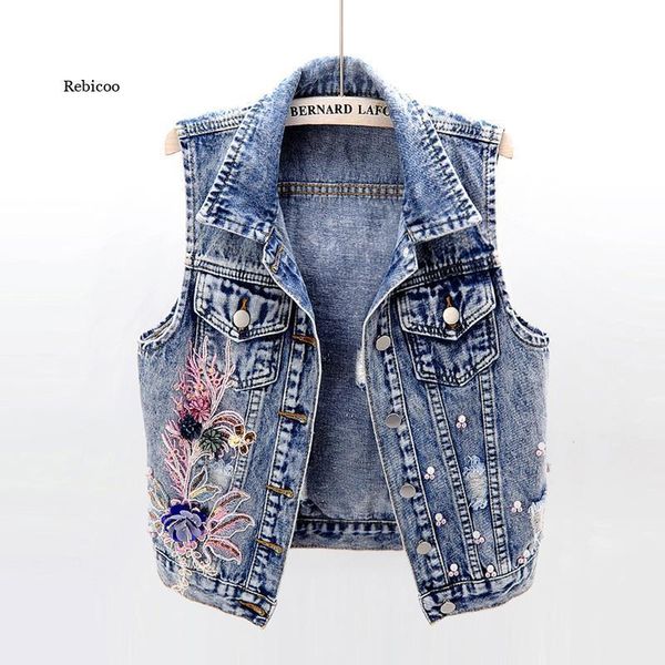 

vests new fashion denim vest women spring autumn patch flowers sequins beads sleeveless waistcoat student jean short jackets kw450, Black;white