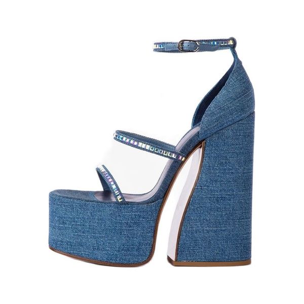 

brand new denim crystal platform sandals 2023 summer women round toe high heel pumps slippers banquet dress party shoes size 43, Black