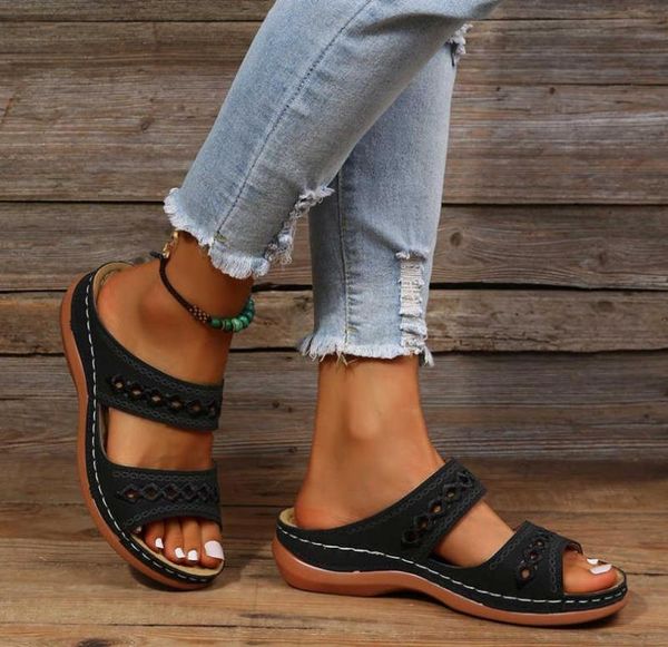

summer women wedge sandals premium orthopedic open toe slippers vintage antislip leather casual female platform retro shoes newl238442466, Black