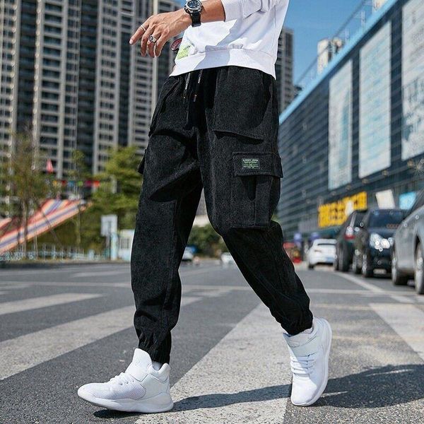 

pants privathinker new men's large corduroy cargo pants casual fashion hip hop jogger big pockets male trousers brand streetwear, Black