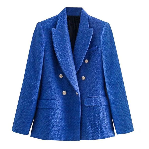 

pants 2021 zaa new women fashion double breasted tweed solid blazer coat vintage long sleeve pockets female outerwear chic, White