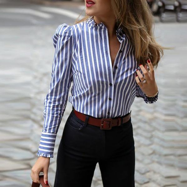 

women's blouses shirts women long sleeve striped puffed sleeve frill hem casual blouse elegant ladies workwear shirt blusas mujer 23042, White