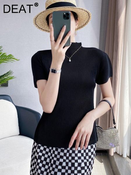

t-shirt deat women pleated tshirt solid stand collar short sleeve casual style high elastic pullover 2022 summer fashion 15wx099, White