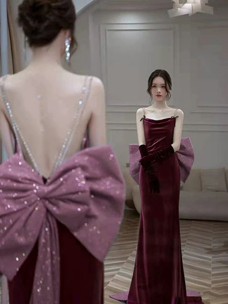 

wine red cocktail dress velvet mermaid rhinestones spaghetti strap sequined chain quinceanera bow tailing evening gowns new, Black
