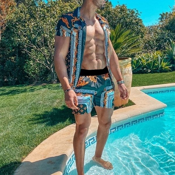 

men's tracksuits set pakaian cetak hawai pria 13 warna lengan pendek kasual celana pantai liburan musim panas s 3xl 230427, Gray