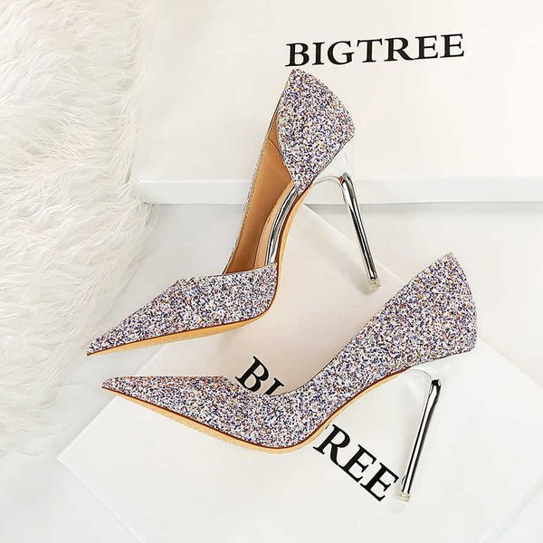 

sandals bigtree women heels luxury wedding pumps gold silver sequined high heeled shoes ladies evening party shoe sequins stilettos j230428, Black
