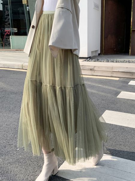 

skirts lanmrem pleated mesh mid-length yarn skirt for women elastic waist layers solid color female elegant clothing autumn 2r7300 230428, Black