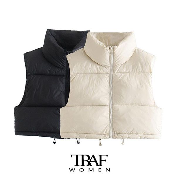 

leather traf women fashion zipup padded waistcoat vintage high neck sleeveless female outerwear chic vest, Black