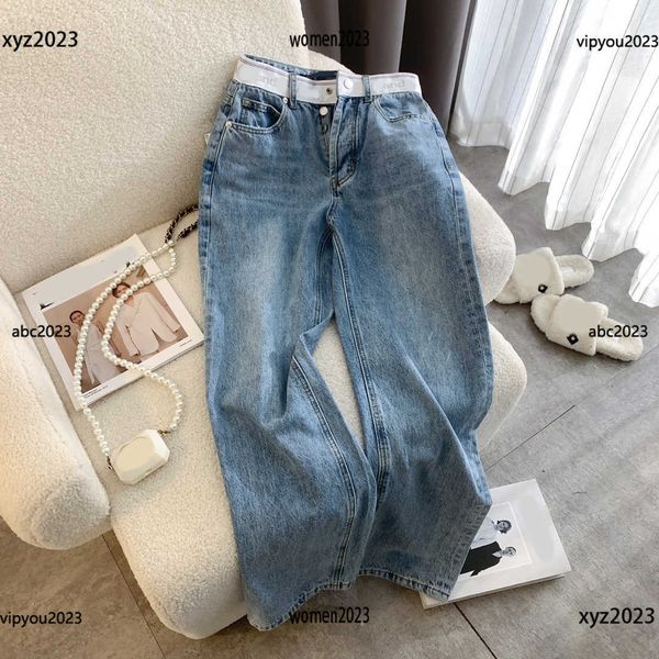 

designer women pants letter printed waist denim pants size s-l slightly loose straight tube silhouette trousers april26, Blue