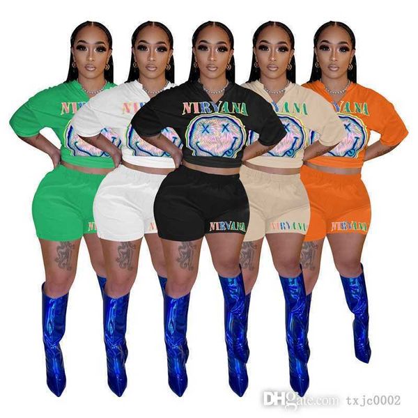 

designer summer outfits tracksuits 2 piece set smiling face printed short sleeve shorts clothes for women, Gray