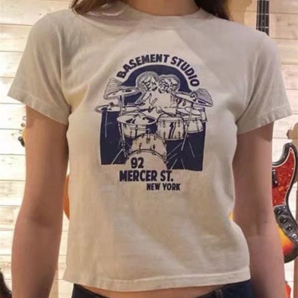 

women's t shirt atasan rajut lengan pendek wanita kaus cetak drum huruf leher o putih kasual mode musim panas 230427, White
