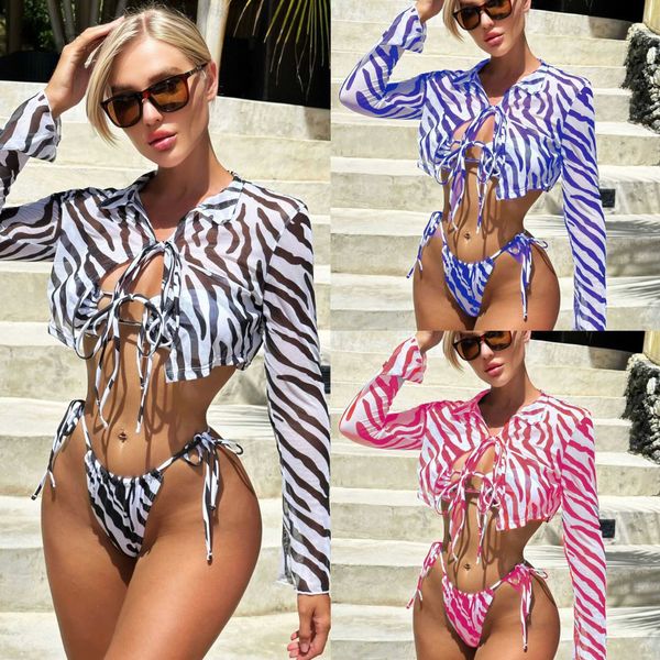 

new 2023 stripe print shirt collar mesh three piece swimwear bikini