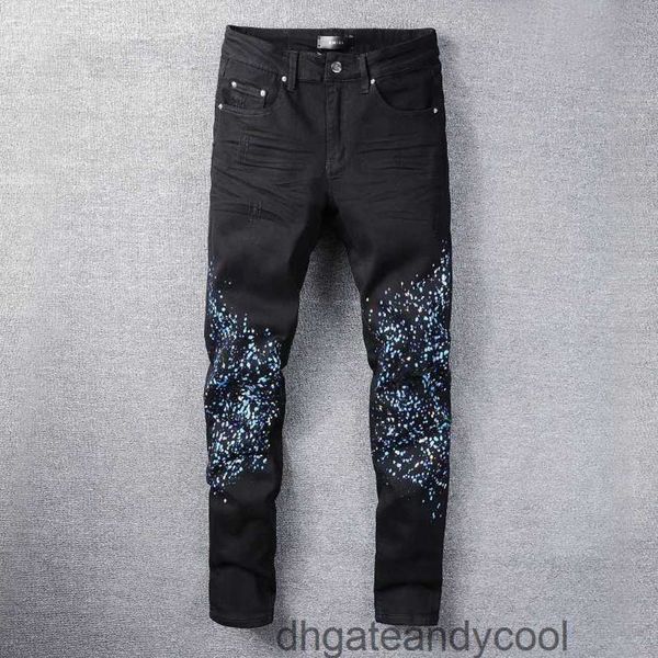 

water 2023 washes fashion denim jeans makes designer brand pants man black the new old holes splash-ink spray paint slimming stretch jeans, Blue