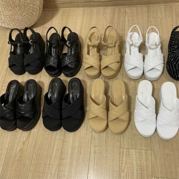 

chan c women quilted slipper grid lattice platform sandal summer beach heeled sandals checks suede leather black white brown wedges shoes hi