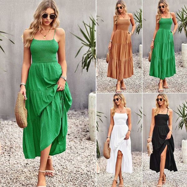 

womens solid color dress summer elegant suspender long skirt, Black;gray