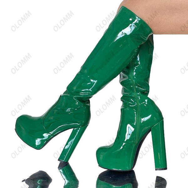 

olomm handmade women winter platform knee boots chunky heeled round toe pretty dark purple night club shoes plus us size 5-20, Black