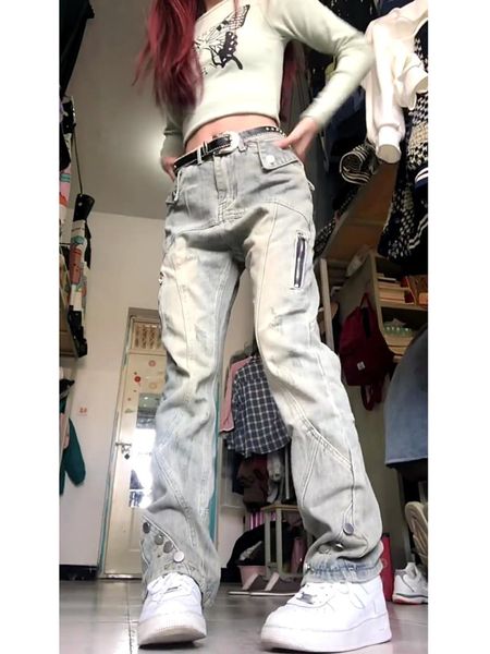 

women's jean's vintage zipper washed jeans y2k street style loose straight high waist oversized casual slim woman streetwear 23042, Blue