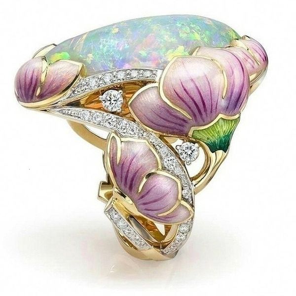

wedding rings cincin bunga warna emas mode halus pernikahan batu api potongan oval enamel teratai lavender fuchsia untuk wanita 230427, Slivery;golden