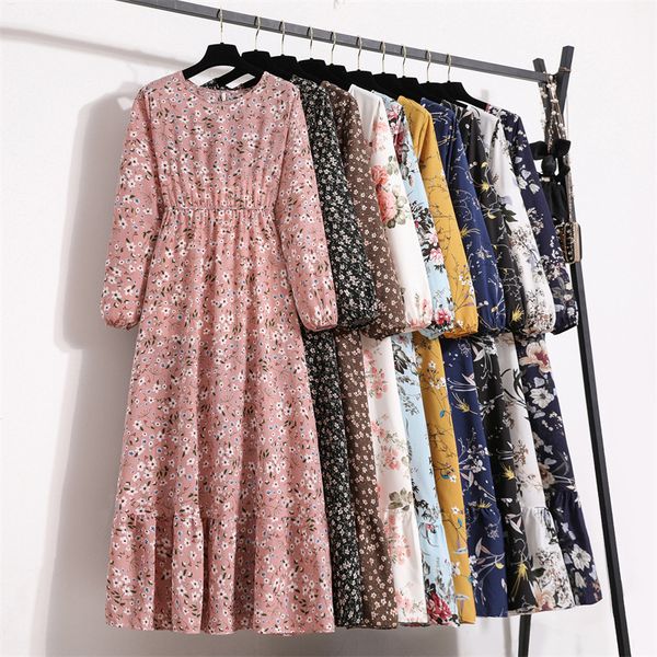 

casual dresses elegant floral boho dress female high waist bohemian maxi for women chic korean long sleeve beach outfits robe 230427, Black;gray