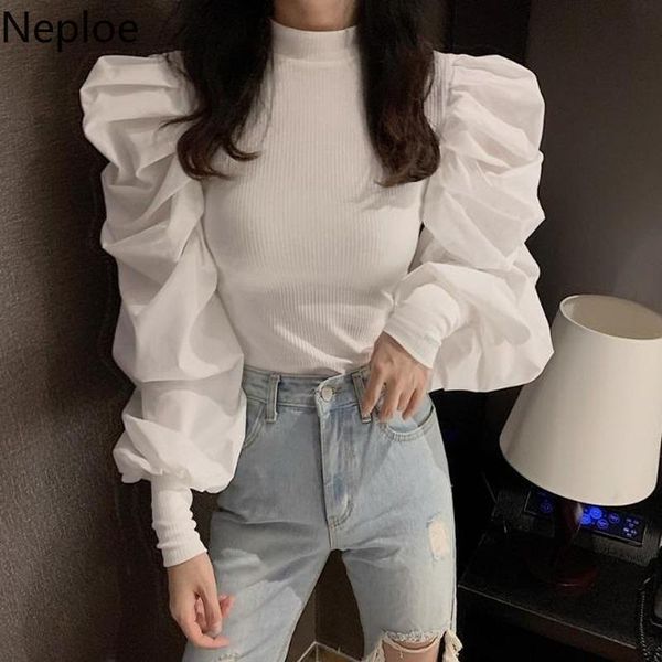 

t-shirt neploe korean o neck puff long sleeve design blouse women patchwork knitted slim fit short blusas autumn spring 2023 new shirt, White