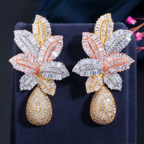 

ear cuff cwwzircon 3 nada warna emas mewah daun besar bunga jatuh mikro kubik zirconia pave naija anting pesta pernikahan untuk wanita cz644, Silver
