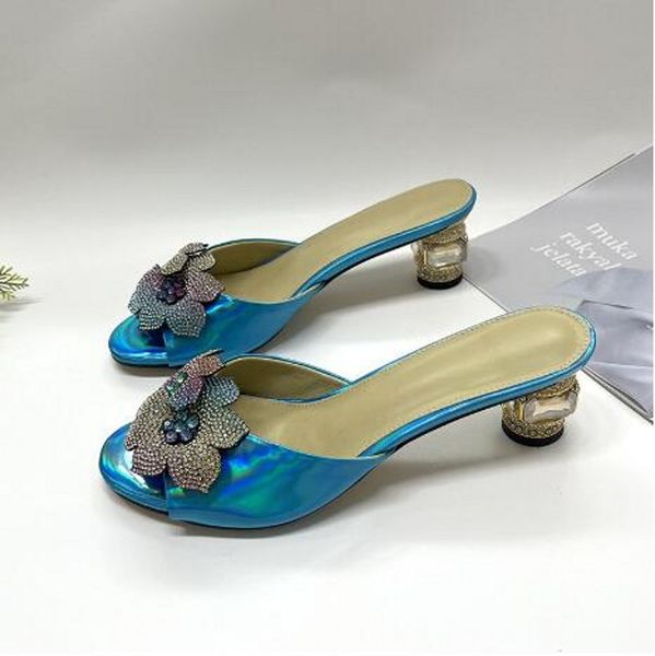 

blue rhinestone slippers high chunky heel womens summer sandals fashion slip on lady slides shoes, Black