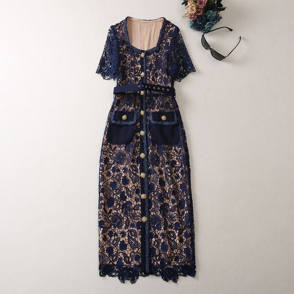 

casual dress lace dress polo neck short sleeve fashion slim fit dark blue open button decorative belt 2023 spring/summer new s-xxl, Black;gray